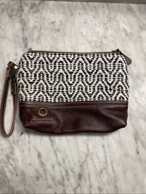 Myra Woven Black & White Patterned Wristlet with Brown Leather Trim